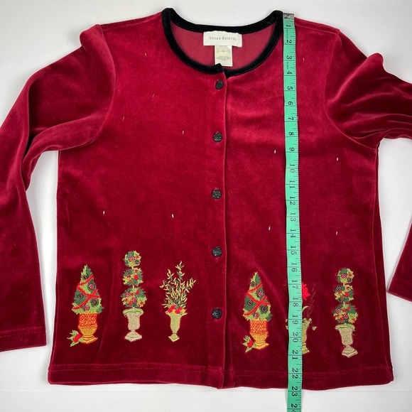 Susan Bristol Red Velour Ugly Christmas Sweater Cardigan Holiday Plants Trees - Picture 15 of 16